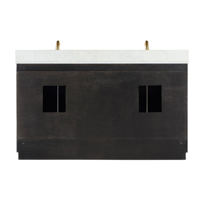 Altair Gazsi 60" Black Oak Freestanding Double Bathroom Vanity Set With Mirror, Elegant Composite Grain White Stone Top, Two Rectangular Undermount Ceramic Sinks, Overflow, and Backsplash