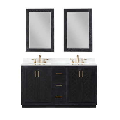 Altair Gazsi 60" Black Oak Freestanding Double Bathroom Vanity Set With Mirror, Elegant Composite Grain White Stone Top, Two Rectangular Undermount Ceramic Sinks, Overflow, and Backsplash