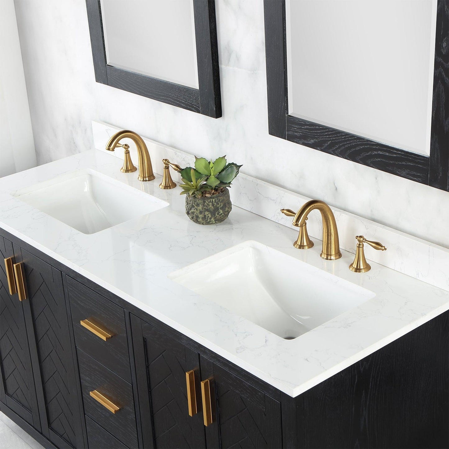 Altair Gazsi 60" Black Oak Freestanding Double Bathroom Vanity Set With Mirror, Elegant Composite Grain White Stone Top, Two Rectangular Undermount Ceramic Sinks, Overflow, and Backsplash