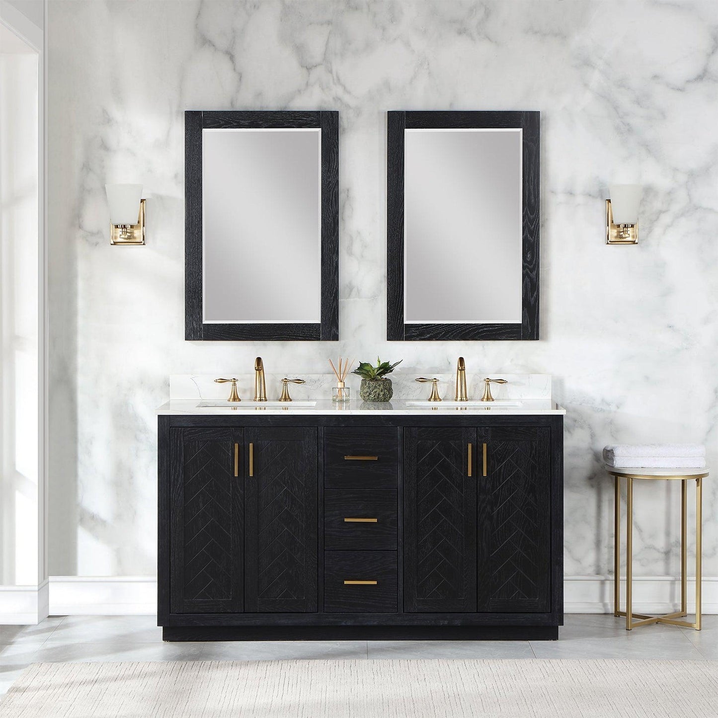 Altair Gazsi 60" Black Oak Freestanding Double Bathroom Vanity Set With Mirror, Elegant Composite Grain White Stone Top, Two Rectangular Undermount Ceramic Sinks, Overflow, and Backsplash