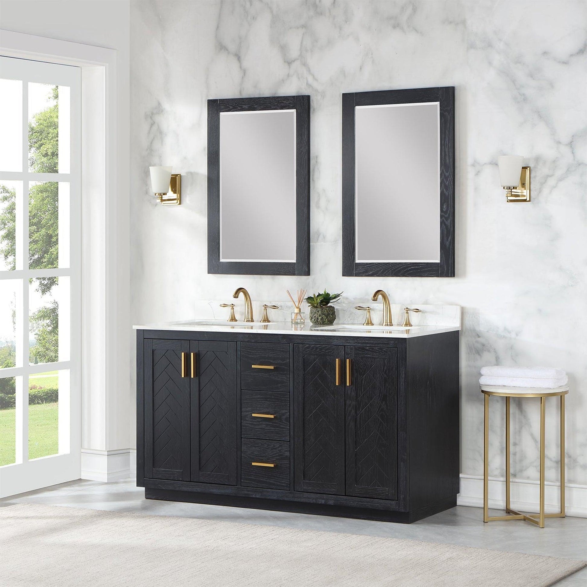 Altair Gazsi 60" Black Oak Freestanding Double Bathroom Vanity Set With Mirror, Elegant Composite Grain White Stone Top, Two Rectangular Undermount Ceramic Sinks, Overflow, and Backsplash