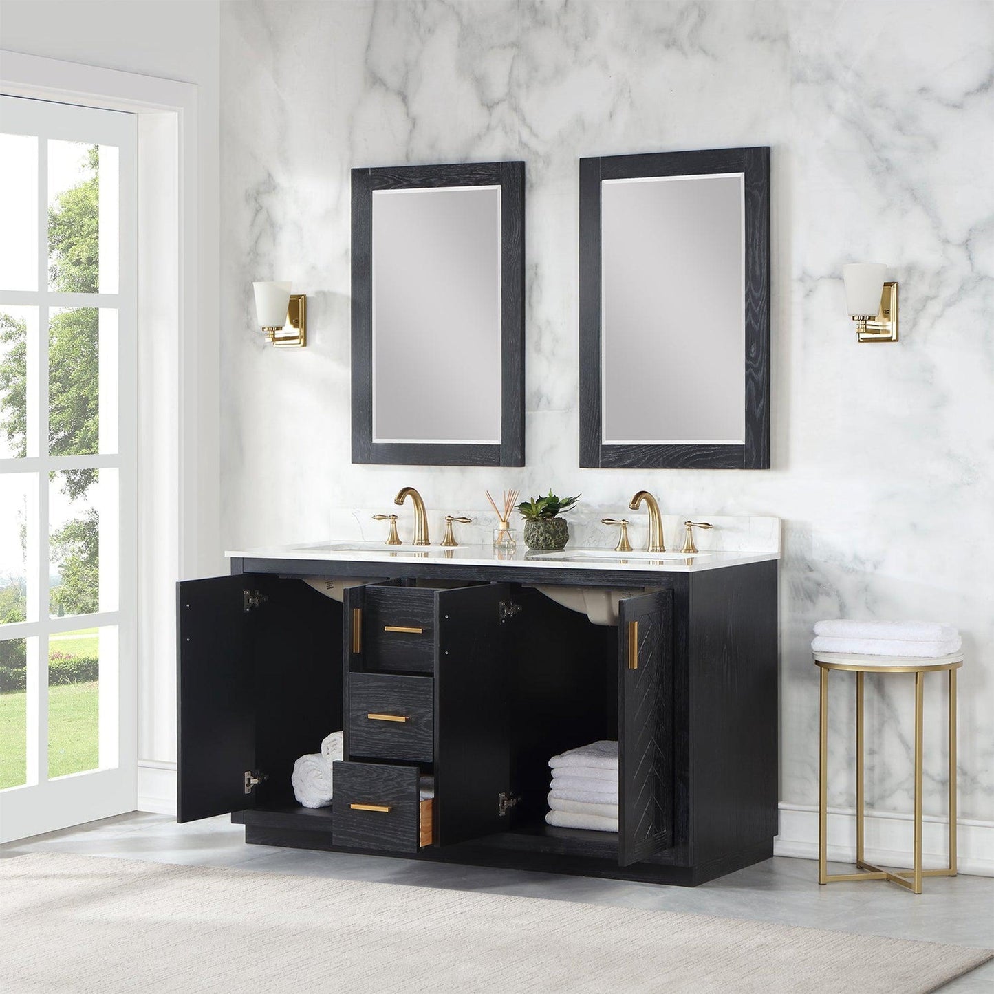 Altair Gazsi 60" Black Oak Freestanding Double Bathroom Vanity Set With Mirror, Elegant Composite Grain White Stone Top, Two Rectangular Undermount Ceramic Sinks, Overflow, and Backsplash