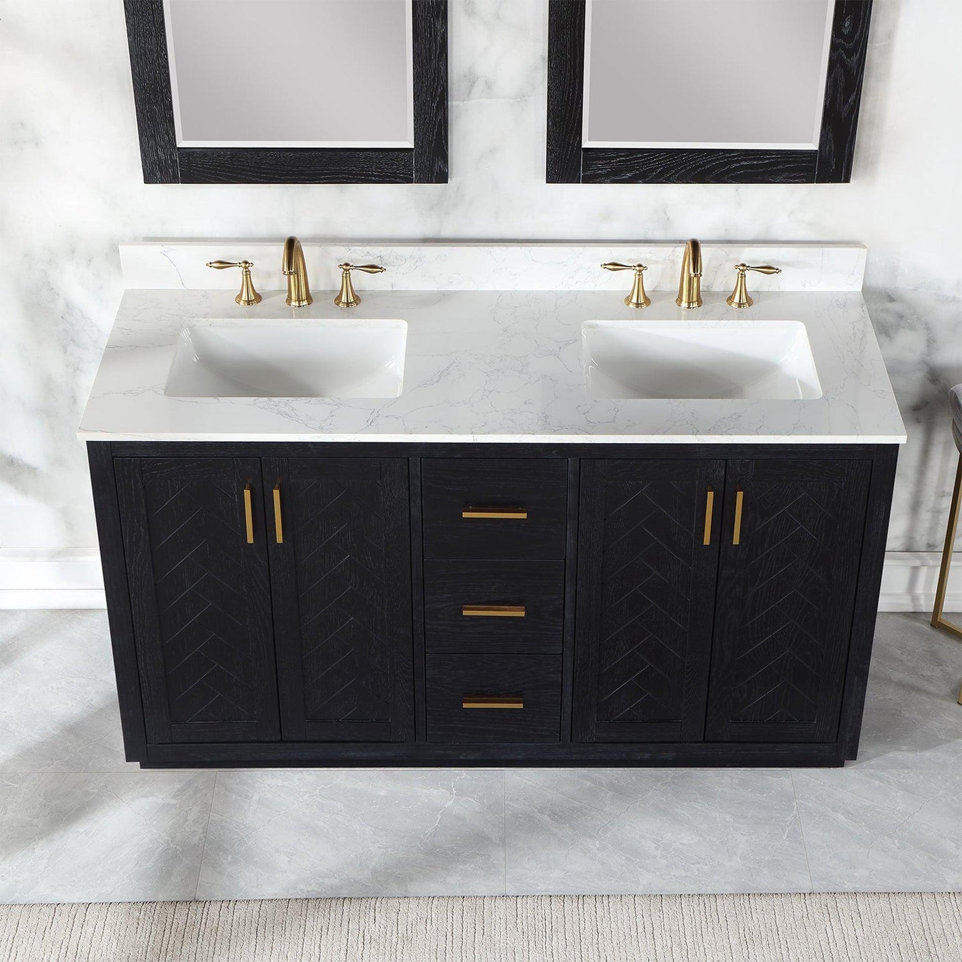 Altair Gazsi 60" Black Oak Freestanding Double Bathroom Vanity Set With Mirror, Elegant Composite Grain White Stone Top, Two Rectangular Undermount Ceramic Sinks, Overflow, and Backsplash