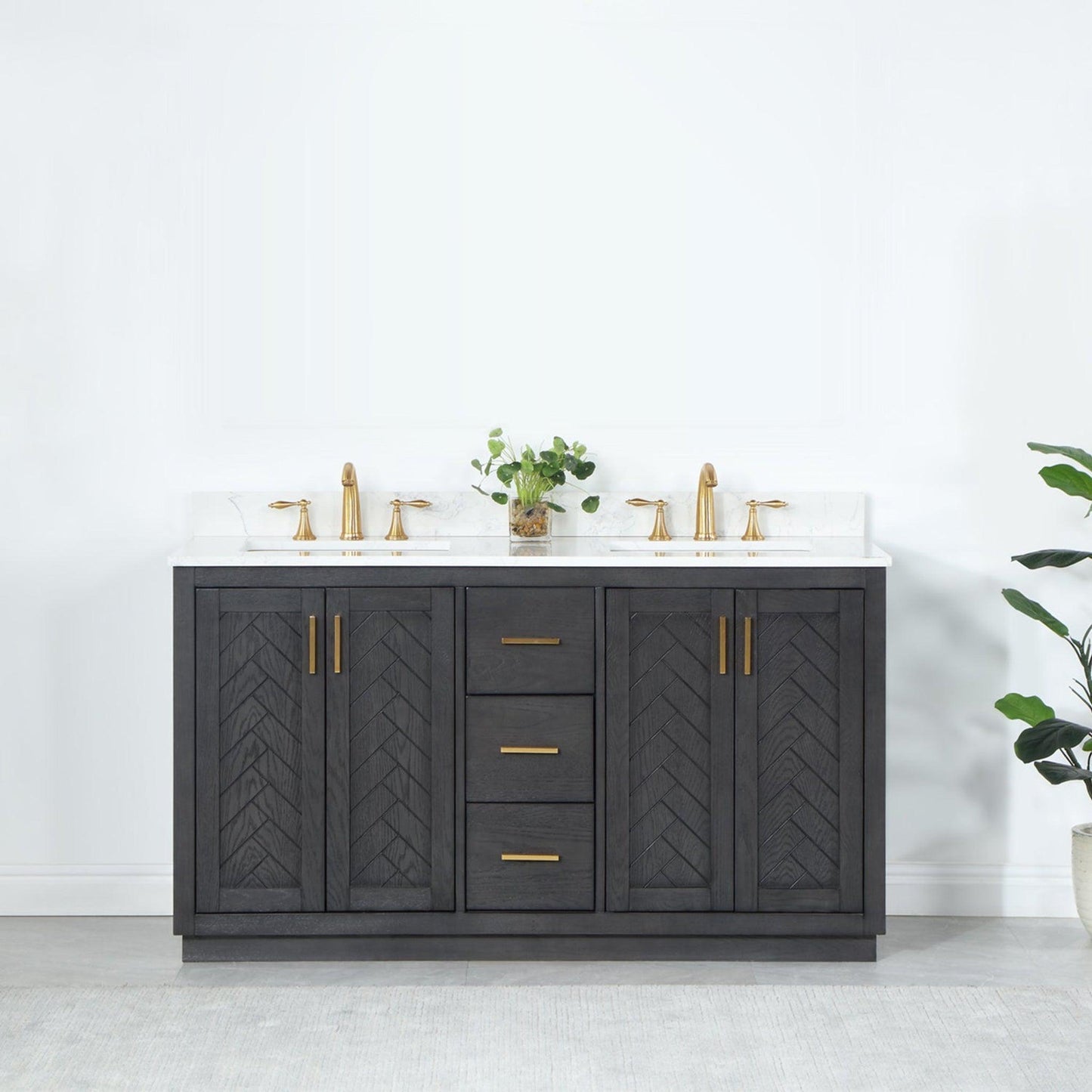Altair Gazsi 60" Brown Oak Freestanding Double Bathroom Vanity Set With Elegant Composite Grain White Stone Top, Two Rectangular Undermount Ceramic Sinks, Overflow, and Backsplash