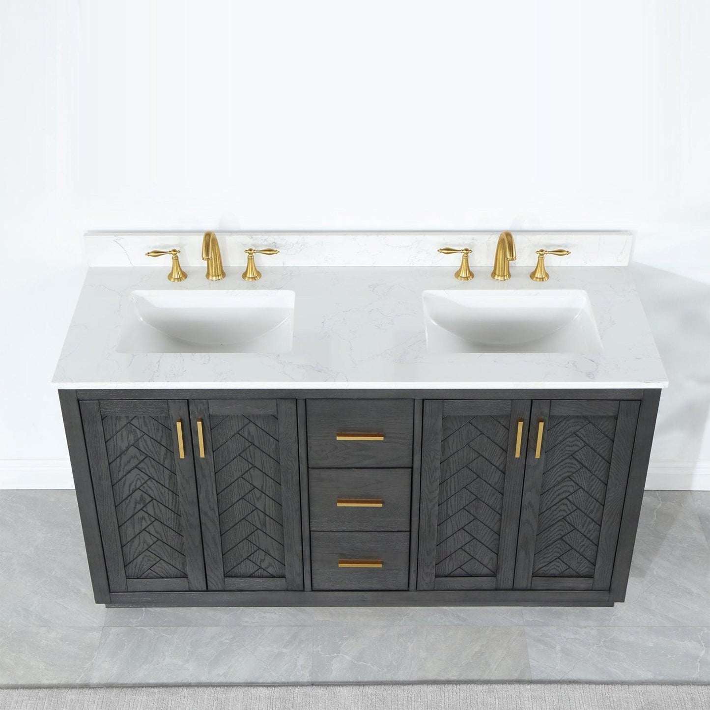 Altair Gazsi 60" Brown Oak Freestanding Double Bathroom Vanity Set With Elegant Composite Grain White Stone Top, Two Rectangular Undermount Ceramic Sinks, Overflow, and Backsplash