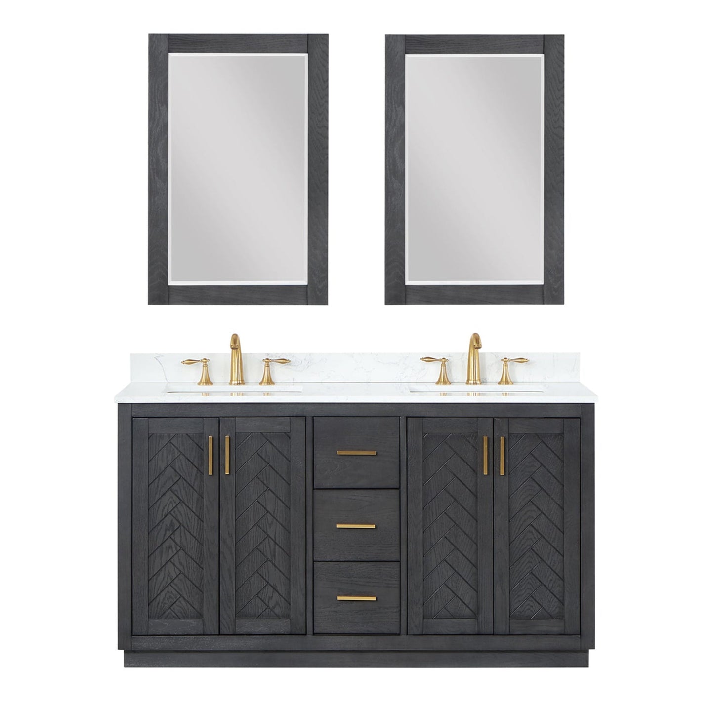 Altair Gazsi 60" Brown Oak Freestanding Double Bathroom Vanity Set With Mirror, Elegant Composite Grain White Stone Top, Two Rectangular Undermount Ceramic Sinks, Overflow, and Backsplash