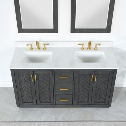 Altair Gazsi 60" Brown Oak Freestanding Double Bathroom Vanity Set With Mirror, Elegant Composite Grain White Stone Top, Two Rectangular Undermount Ceramic Sinks, Overflow, and Backsplash