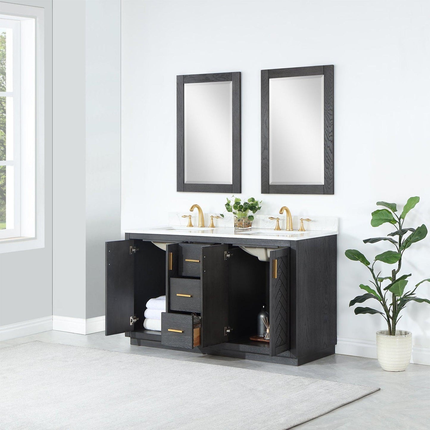 Altair Gazsi 60" Brown Oak Freestanding Double Bathroom Vanity Set With Mirror, Elegant Composite Grain White Stone Top, Two Rectangular Undermount Ceramic Sinks, Overflow, and Backsplash