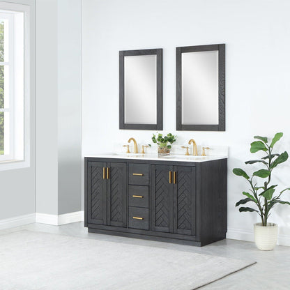 Altair Gazsi 60" Brown Oak Freestanding Double Bathroom Vanity Set With Mirror, Elegant Composite Grain White Stone Top, Two Rectangular Undermount Ceramic Sinks, Overflow, and Backsplash