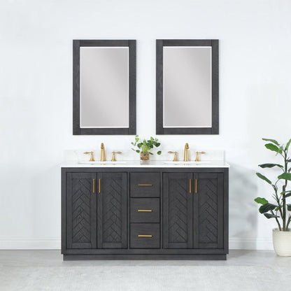 Altair Gazsi 60" Brown Oak Freestanding Double Bathroom Vanity Set With Mirror, Elegant Composite Grain White Stone Top, Two Rectangular Undermount Ceramic Sinks, Overflow, and Backsplash