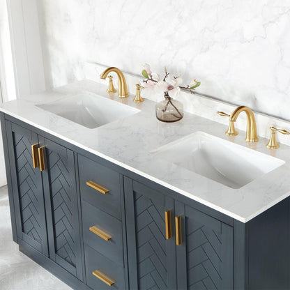 Altair Gazsi 60" Classic Blue Freestanding Double Bathroom Vanity Set With Elegant Composite Grain White Stone Top, Two Rectangular Undermount Ceramic Sinks, Overflow, and Backsplash