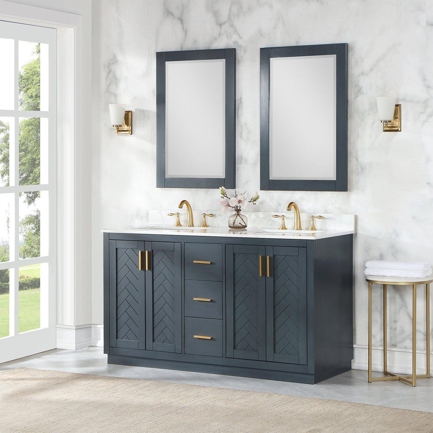 Altair Gazsi 60" Classic Blue Freestanding Double Bathroom Vanity Set With Mirror, Elegant Composite Grain White Stone Top, Two Rectangular Undermount Ceramic Sinks, Overflow, and Backsplash