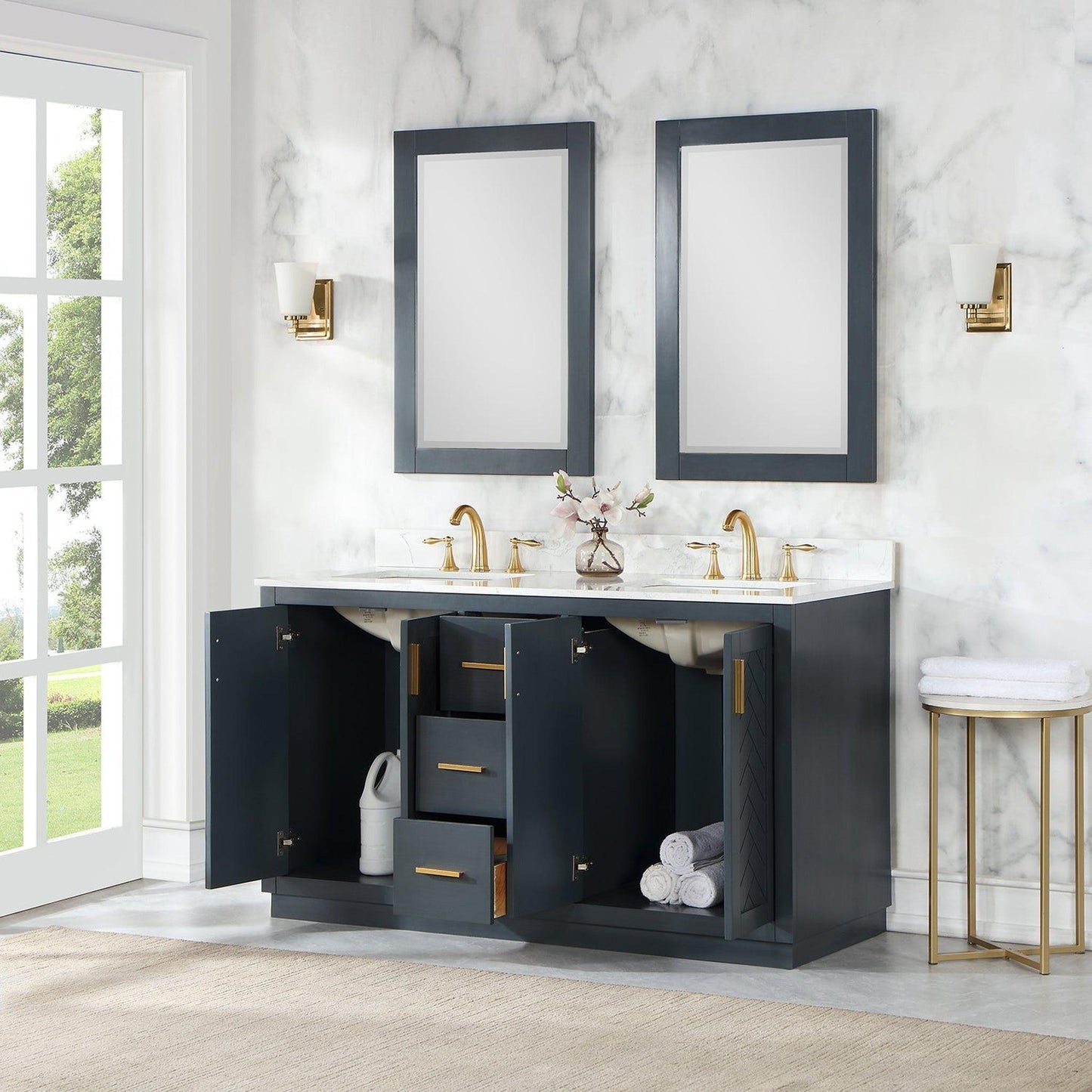 Altair Gazsi 60" Classic Blue Freestanding Double Bathroom Vanity Set With Mirror, Elegant Composite Grain White Stone Top, Two Rectangular Undermount Ceramic Sinks, Overflow, and Backsplash