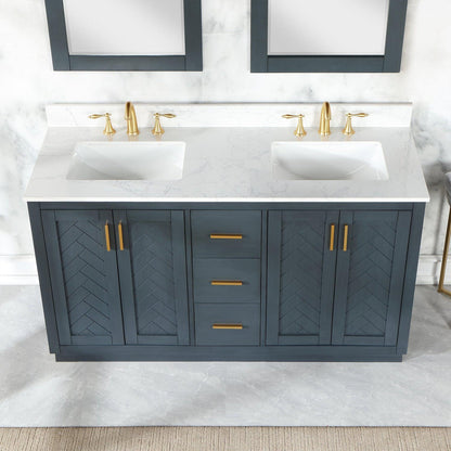 Altair Gazsi 60" Classic Blue Freestanding Double Bathroom Vanity Set With Mirror, Elegant Composite Grain White Stone Top, Two Rectangular Undermount Ceramic Sinks, Overflow, and Backsplash