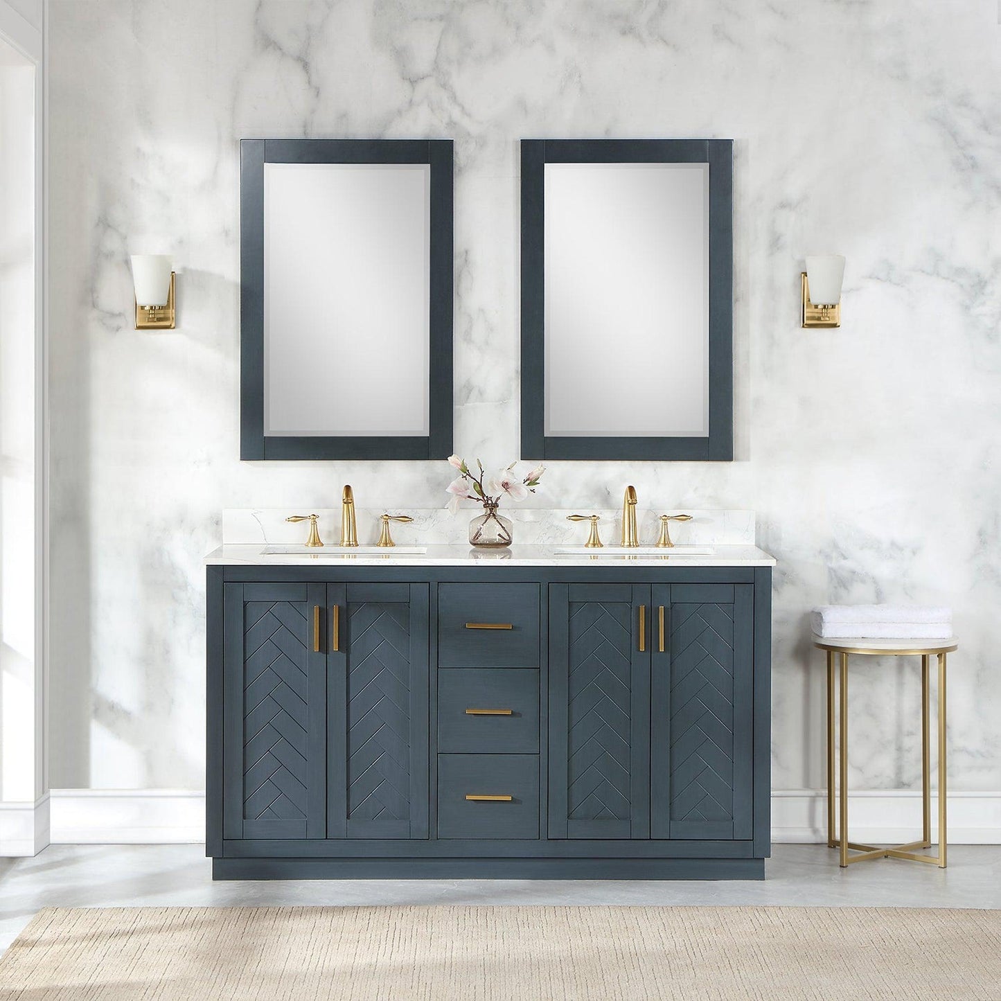 Altair Gazsi 60" Classic Blue Freestanding Double Bathroom Vanity Set With Mirror, Elegant Composite Grain White Stone Top, Two Rectangular Undermount Ceramic Sinks, Overflow, and Backsplash
