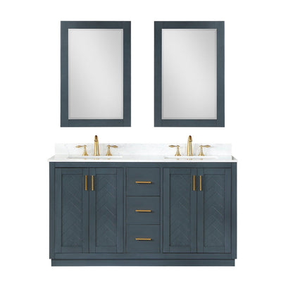 Altair Gazsi 60" Classic Blue Freestanding Double Bathroom Vanity Set With Mirror, Elegant Composite Grain White Stone Top, Two Rectangular Undermount Ceramic Sinks, Overflow, and Backsplash