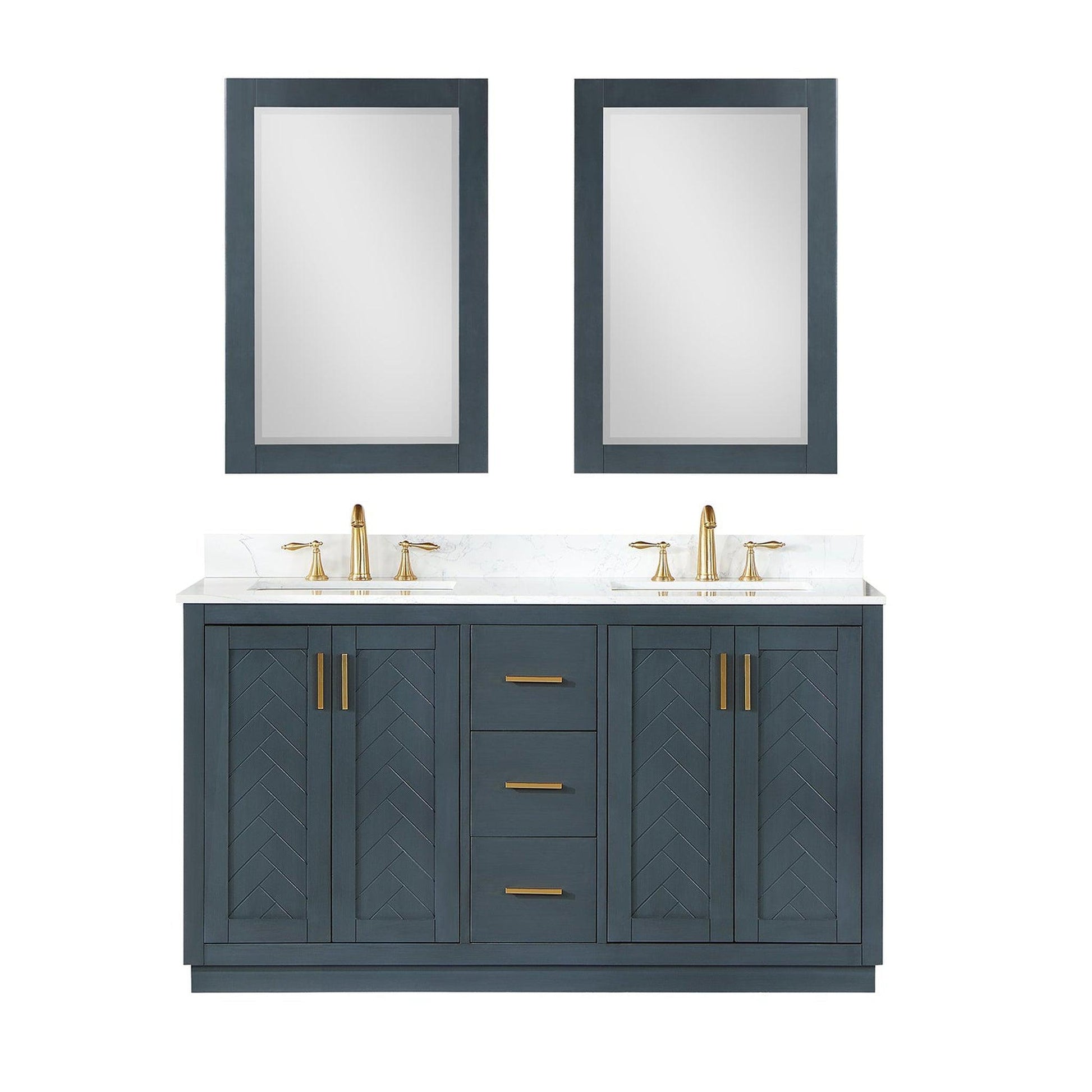 Altair Gazsi 60" Classic Blue Freestanding Double Bathroom Vanity Set With Mirror, Elegant Composite Grain White Stone Top, Two Rectangular Undermount Ceramic Sinks, Overflow, and Backsplash