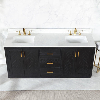 Altair Gazsi 72" Black Oak Freestanding Double Bathroom Vanity Set With Elegant Composite Grain White Stone Top, Two Rectangular Undermount Ceramic Sinks, Overflow, and Backsplash