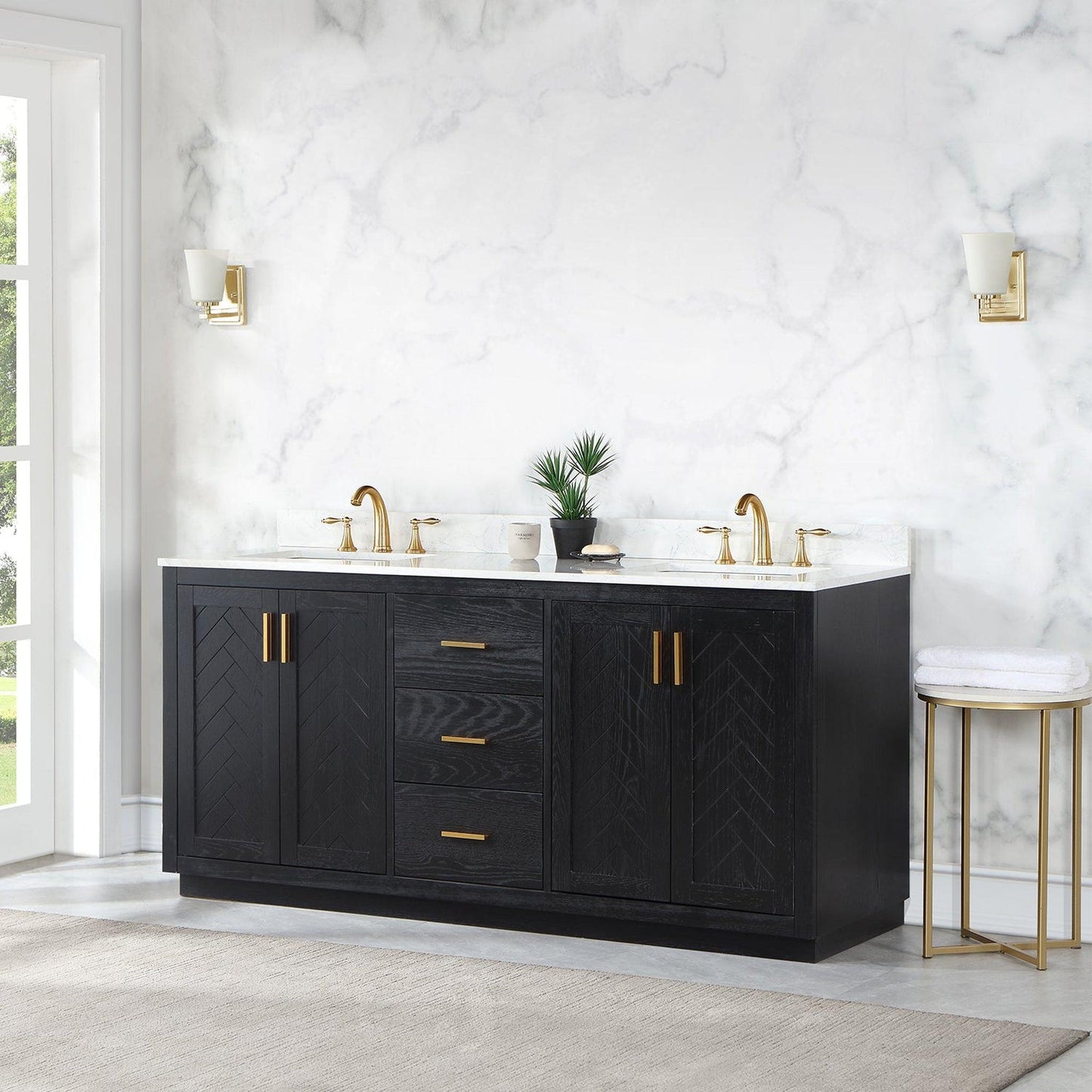 Altair Gazsi 72" Black Oak Freestanding Double Bathroom Vanity Set With Elegant Composite Grain White Stone Top, Two Rectangular Undermount Ceramic Sinks, Overflow, and Backsplash