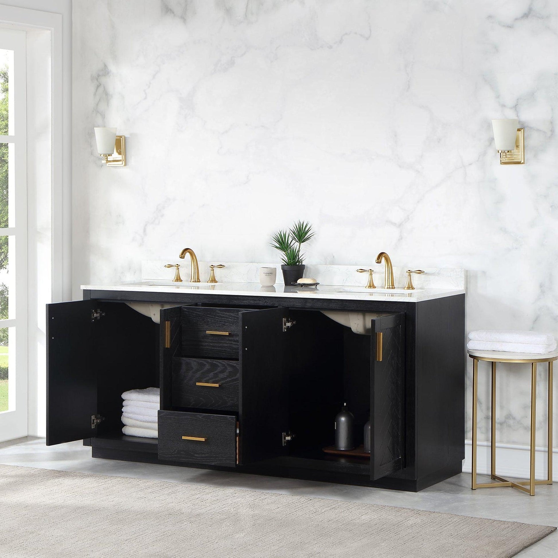 Altair Gazsi 72" Black Oak Freestanding Double Bathroom Vanity Set With Elegant Composite Grain White Stone Top, Two Rectangular Undermount Ceramic Sinks, Overflow, and Backsplash