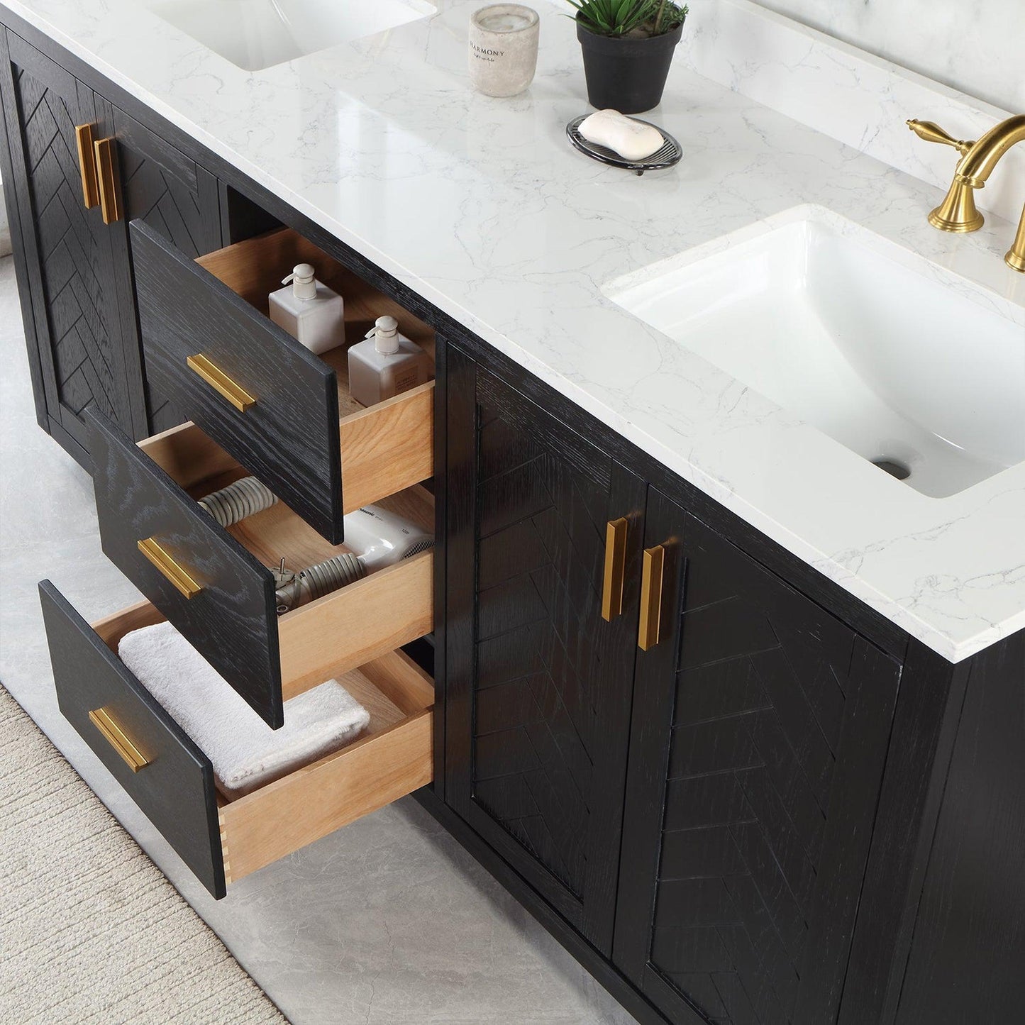 Altair Gazsi 72" Black Oak Freestanding Double Bathroom Vanity Set With Elegant Composite Grain White Stone Top, Two Rectangular Undermount Ceramic Sinks, Overflow, and Backsplash