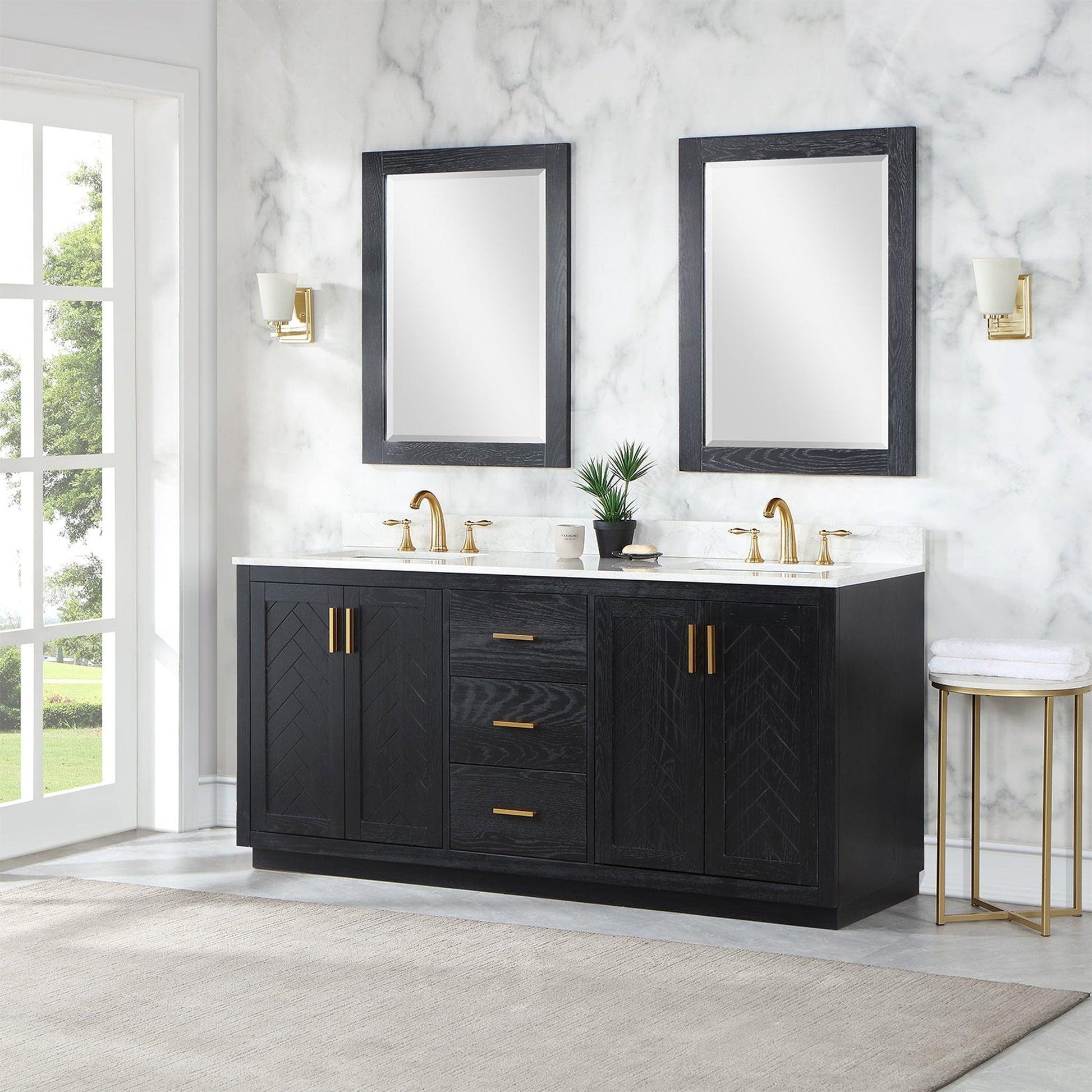 Altair Gazsi 72" Black Oak Freestanding Double Bathroom Vanity Set With Mirror, Elegant Composite Grain White Stone Top, Two Rectangular Undermount Ceramic Sinks, Overflow, and Backsplash
