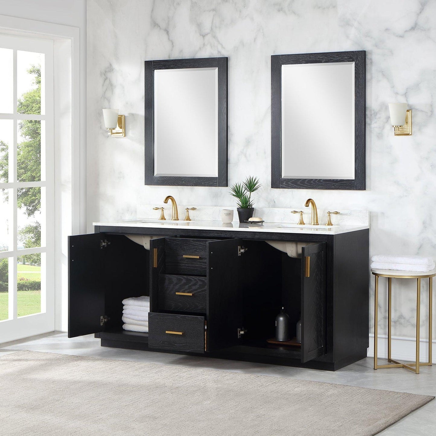 Altair Gazsi 72" Black Oak Freestanding Double Bathroom Vanity Set With Mirror, Elegant Composite Grain White Stone Top, Two Rectangular Undermount Ceramic Sinks, Overflow, and Backsplash