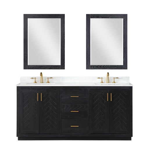 Altair Gazsi 72" Black Oak Freestanding Double Bathroom Vanity Set With Mirror, Elegant Composite Grain White Stone Top, Two Rectangular Undermount Ceramic Sinks, Overflow, and Backsplash