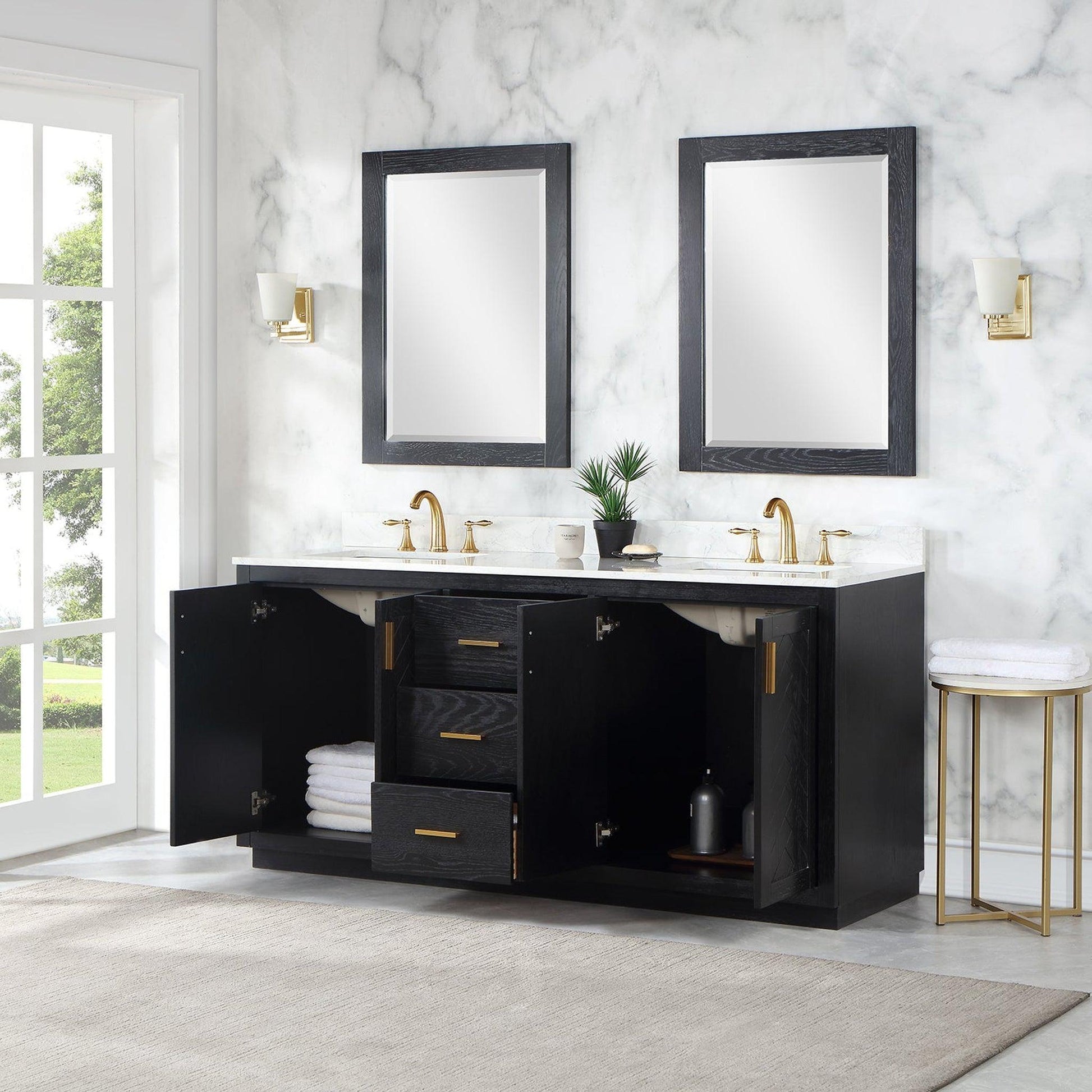 Altair Gazsi 72" Black Oak Freestanding Double Bathroom Vanity Set With Mirror, Elegant Composite Grain White Stone Top, Two Rectangular Undermount Ceramic Sinks, Overflow, and Backsplash