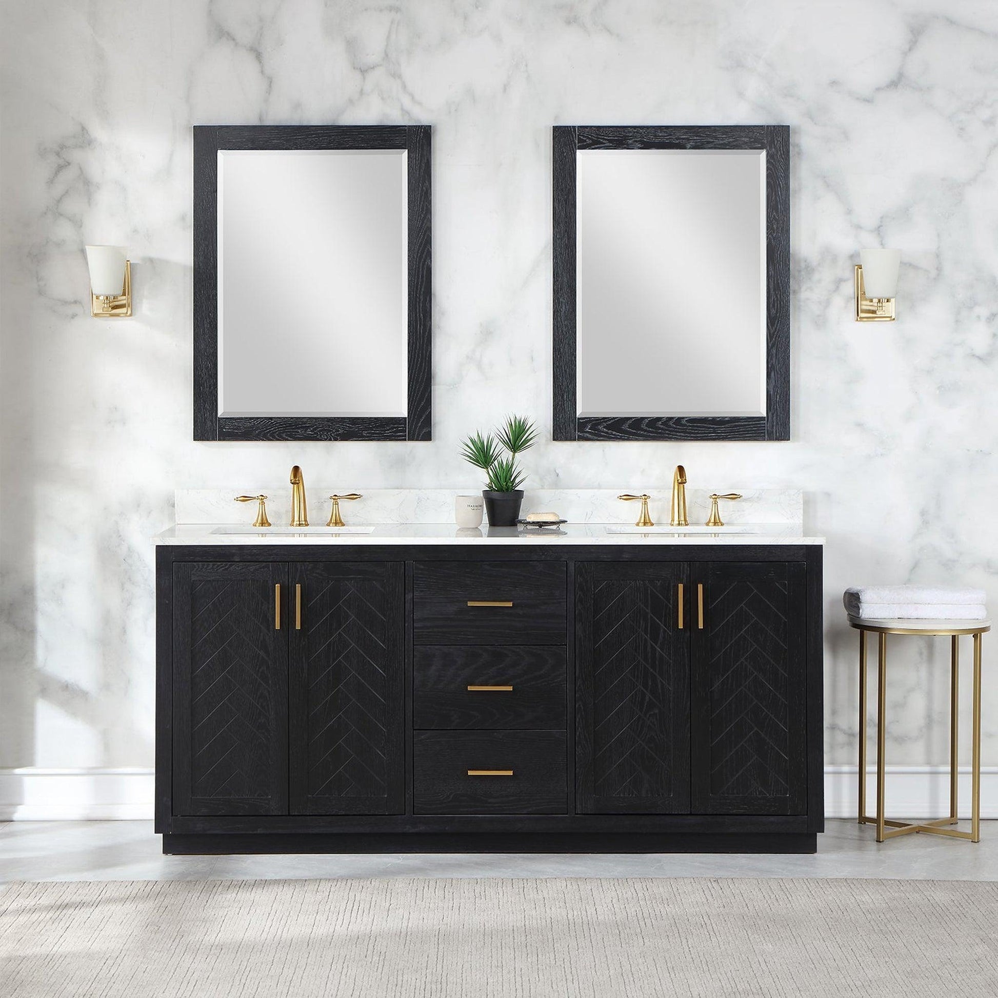 Altair Gazsi 72" Black Oak Freestanding Double Bathroom Vanity Set With Mirror, Elegant Composite Grain White Stone Top, Two Rectangular Undermount Ceramic Sinks, Overflow, and Backsplash