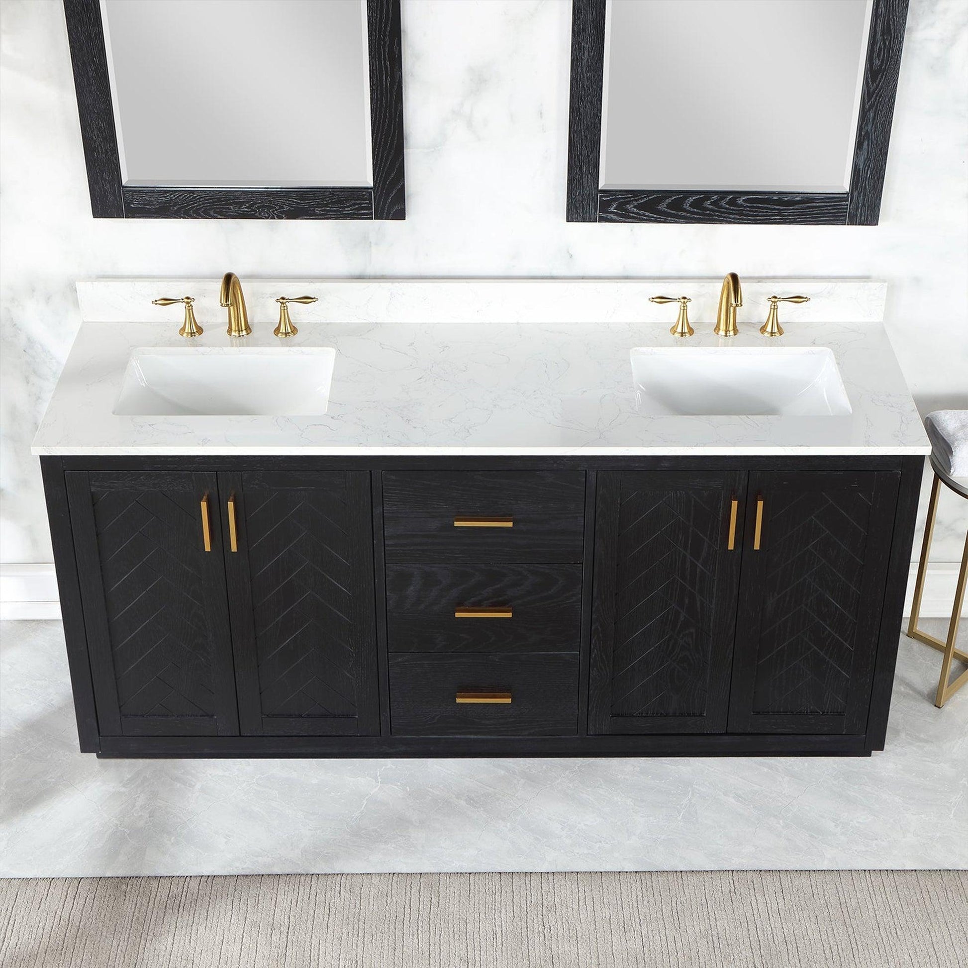 Altair Gazsi 72" Black Oak Freestanding Double Bathroom Vanity Set With Mirror, Elegant Composite Grain White Stone Top, Two Rectangular Undermount Ceramic Sinks, Overflow, and Backsplash