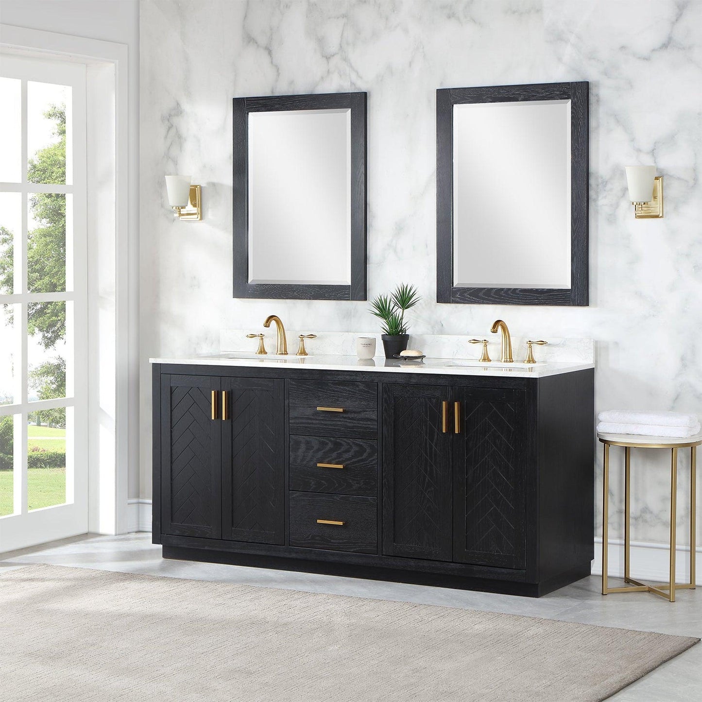 Altair Gazsi 72" Black Oak Freestanding Double Bathroom Vanity Set With Mirror, Elegant Composite Grain White Stone Top, Two Rectangular Undermount Ceramic Sinks, Overflow, and Backsplash