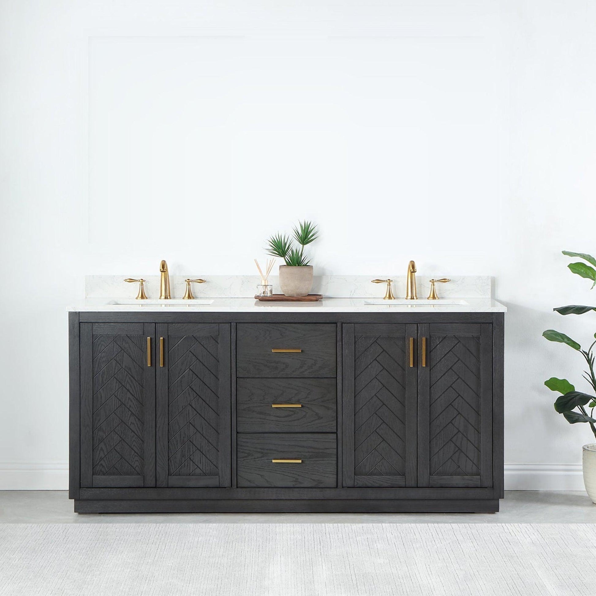 Altair Gazsi 72" Brown Oak Freestanding Double Bathroom Vanity Set With Elegant Composite Grain White Stone Top, Two Rectangular Undermount Ceramic Sinks, Overflow, and Backsplash