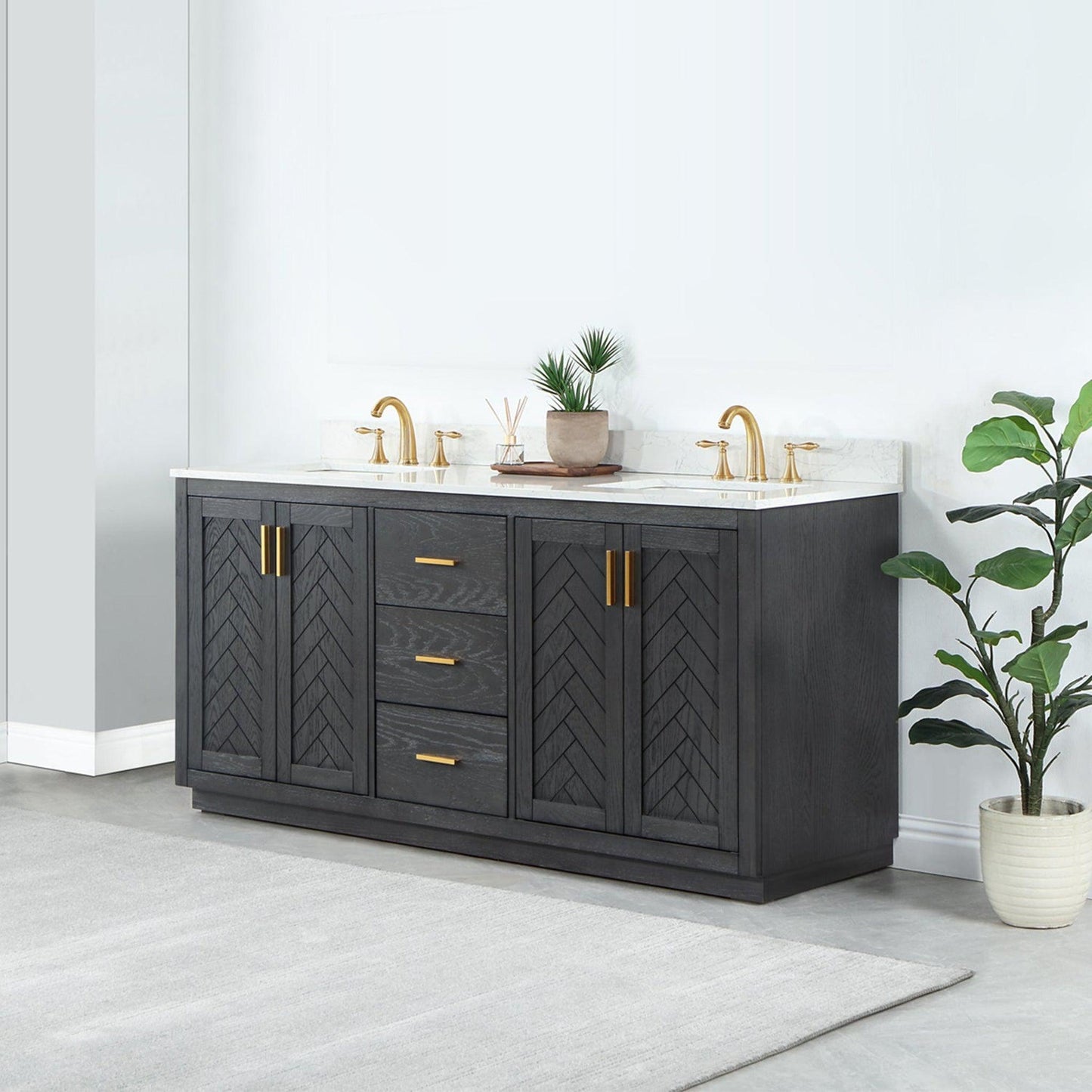 Altair Gazsi 72" Brown Oak Freestanding Double Bathroom Vanity Set With Elegant Composite Grain White Stone Top, Two Rectangular Undermount Ceramic Sinks, Overflow, and Backsplash