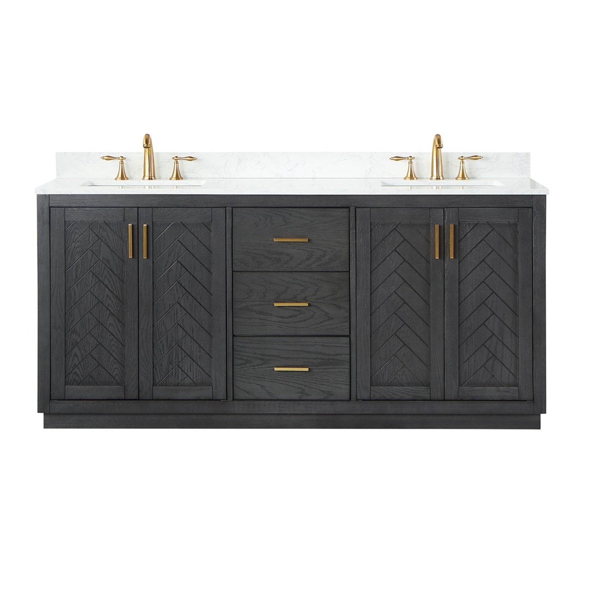 Altair Gazsi 72" Brown Oak Freestanding Double Bathroom Vanity Set With Elegant Composite Grain White Stone Top, Two Rectangular Undermount Ceramic Sinks, Overflow, and Backsplash