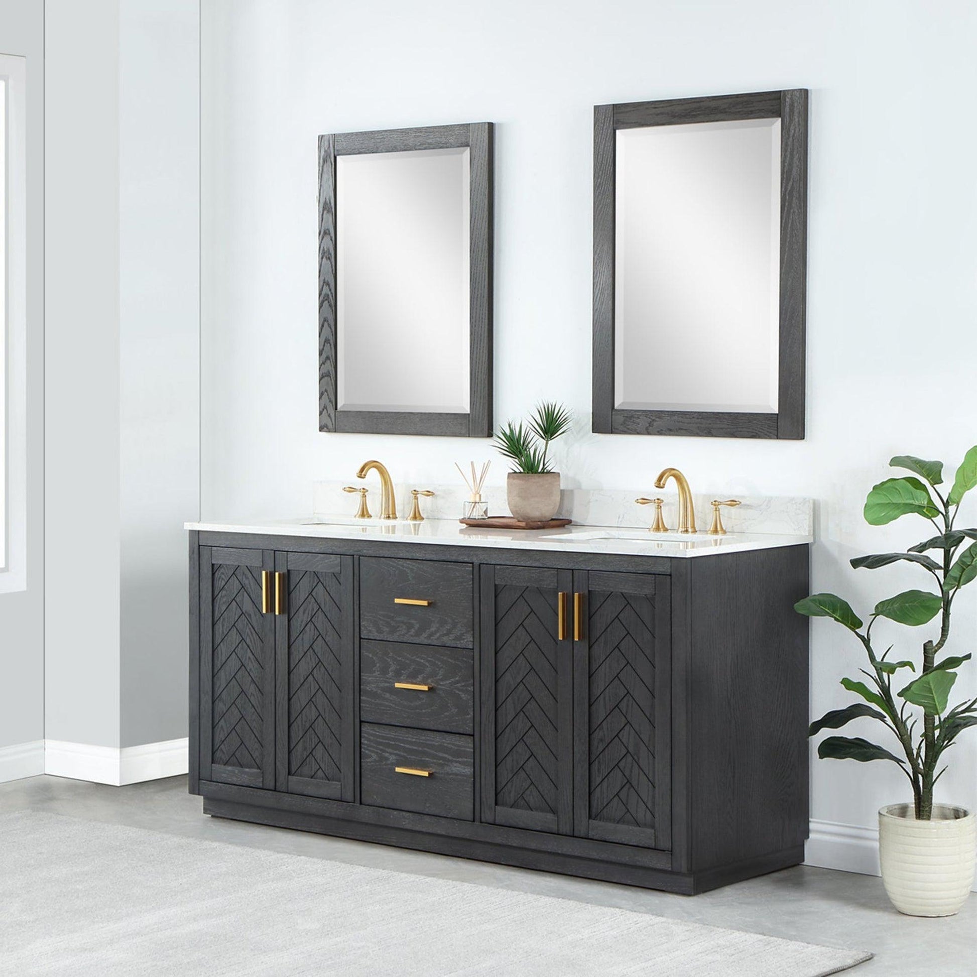 Altair Gazsi 72" Brown Oak Freestanding Double Bathroom Vanity Set With Mirror, Elegant Composite Grain White Stone Top, Two Rectangular Undermount Ceramic Sinks, Overflow, and Backsplash