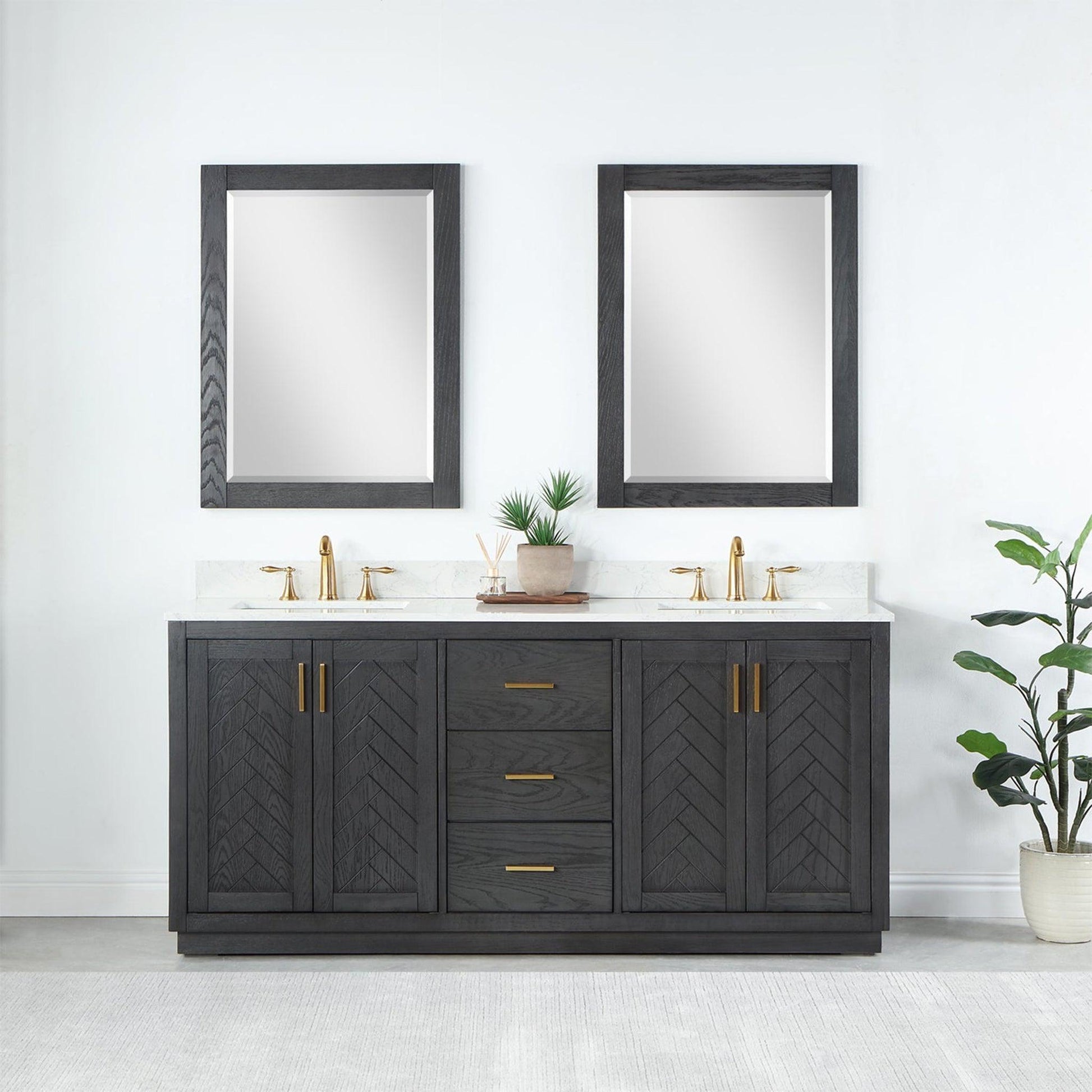 Altair Gazsi 72" Brown Oak Freestanding Double Bathroom Vanity Set With Mirror, Elegant Composite Grain White Stone Top, Two Rectangular Undermount Ceramic Sinks, Overflow, and Backsplash