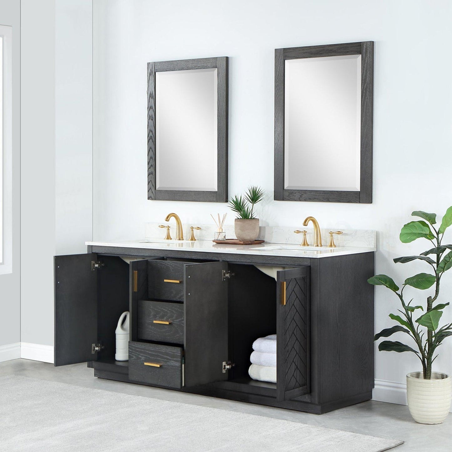 Altair Gazsi 72" Brown Oak Freestanding Double Bathroom Vanity Set With Mirror, Elegant Composite Grain White Stone Top, Two Rectangular Undermount Ceramic Sinks, Overflow, and Backsplash