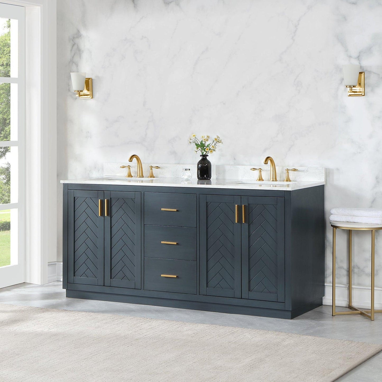 Altair Gazsi 72" Classic Blue Freestanding Double Bathroom Vanity Set With Elegant Composite Grain White Stone Top, Two Rectangular Undermount Ceramic Sinks, Overflow, and Backsplash