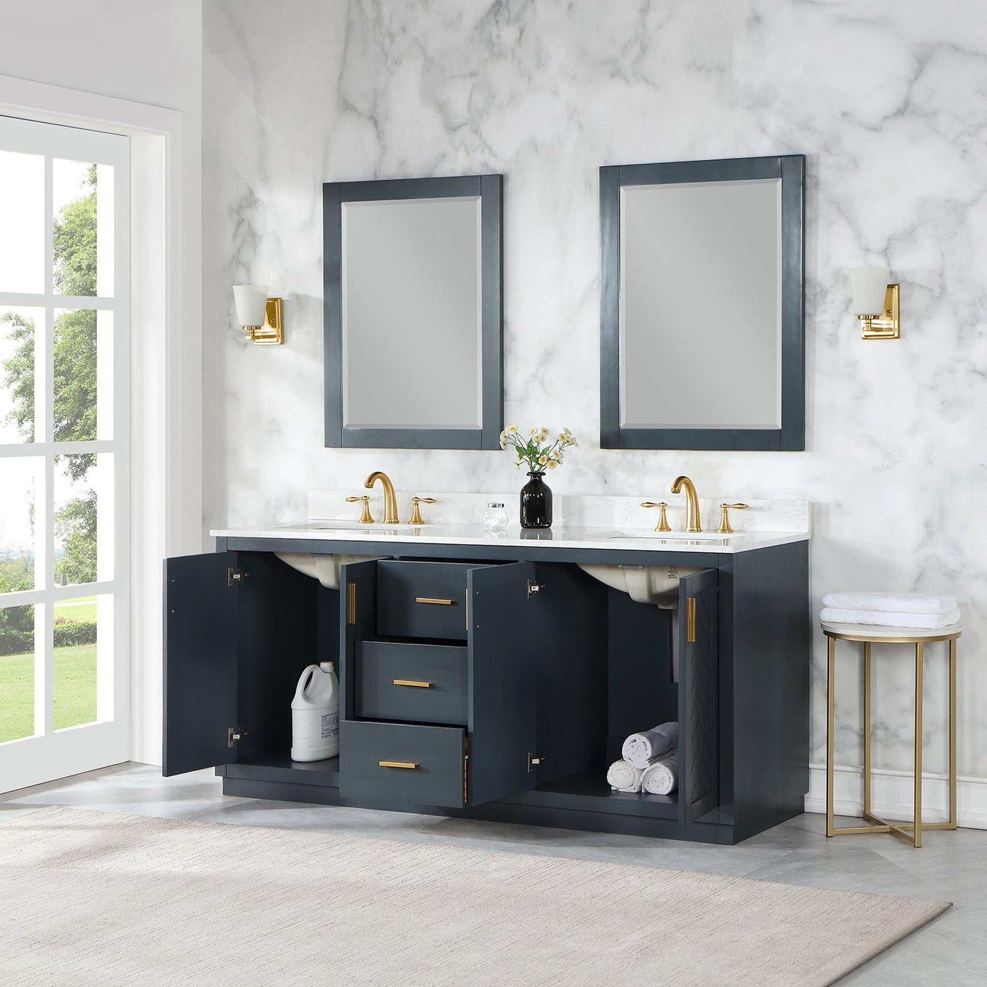 Altair Gazsi 72" Classic Blue Freestanding Double Bathroom Vanity Set With Mirror, Elegant Composite Grain White Stone Top, Two Rectangular Undermount Ceramic Sinks, Overflow, and Backsplash