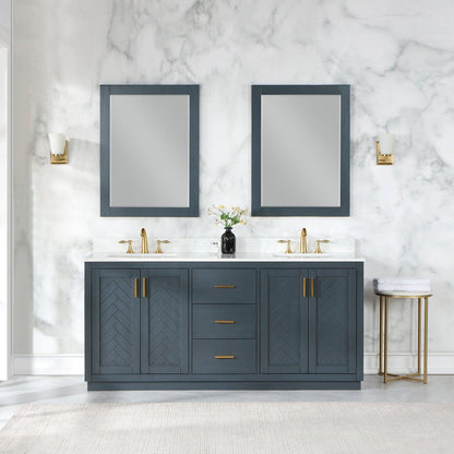 Altair Gazsi 72" Classic Blue Freestanding Double Bathroom Vanity Set With Mirror, Elegant Composite Grain White Stone Top, Two Rectangular Undermount Ceramic Sinks, Overflow, and Backsplash