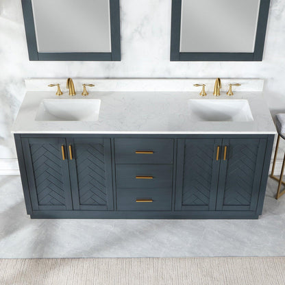 Altair Gazsi 72" Classic Blue Freestanding Double Bathroom Vanity Set With Mirror, Elegant Composite Grain White Stone Top, Two Rectangular Undermount Ceramic Sinks, Overflow, and Backsplash