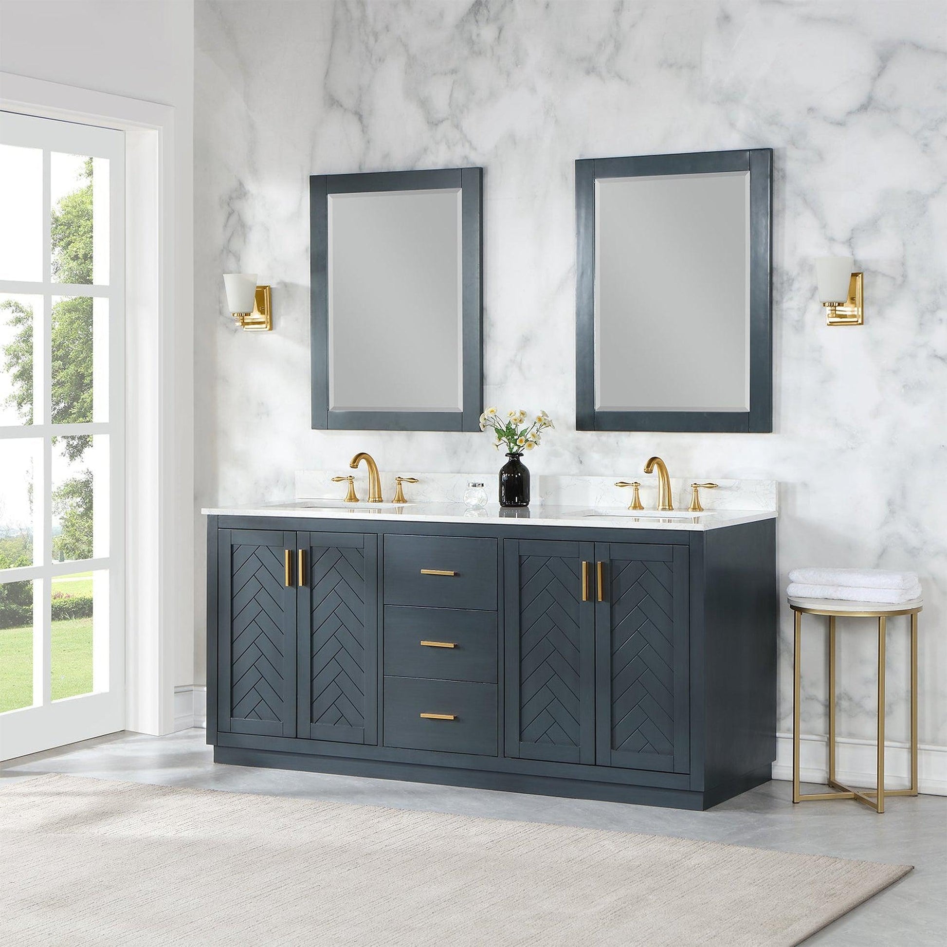 Altair Gazsi 72" Classic Blue Freestanding Double Bathroom Vanity Set With Mirror, Elegant Composite Grain White Stone Top, Two Rectangular Undermount Ceramic Sinks, Overflow, and Backsplash