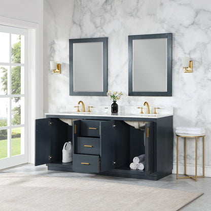 Altair Gazsi 72" Classic Blue Freestanding Double Bathroom Vanity Set With Mirror, Elegant Composite Grain White Stone Top, Two Rectangular Undermount Ceramic Sinks, Overflow, and Backsplash