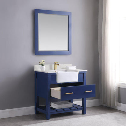 Altair Georgia 36" Single Jewelry Blue Freestanding Bathroom Vanity Set With Mirror, Aosta White Composite Stone Top, Rectangular Farmhouse Sink, Overflow, and Backsplash