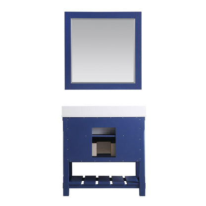 Altair Georgia 36" Single Jewelry Blue Freestanding Bathroom Vanity Set With Mirror, Aosta White Composite Stone Top, Rectangular Farmhouse Sink, Overflow, and Backsplash