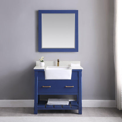 Altair Georgia 36" Single Jewelry Blue Freestanding Bathroom Vanity Set With Mirror, Aosta White Composite Stone Top, Rectangular Farmhouse Sink, Overflow, and Backsplash