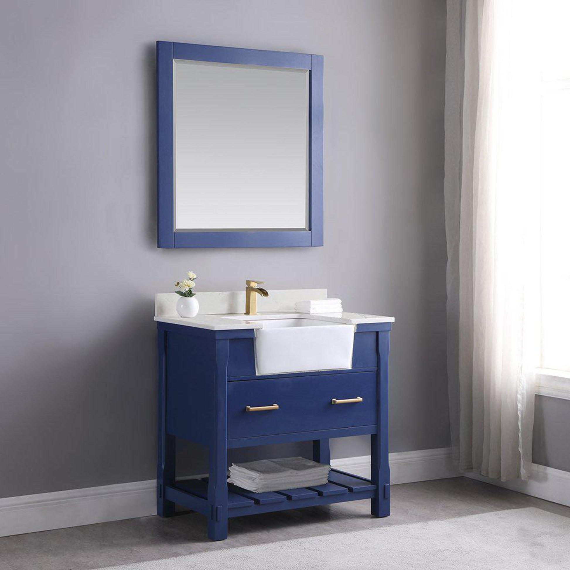 Altair Georgia 36" Single Jewelry Blue Freestanding Bathroom Vanity Set With Mirror, Aosta White Composite Stone Top, Rectangular Farmhouse Sink, Overflow, and Backsplash