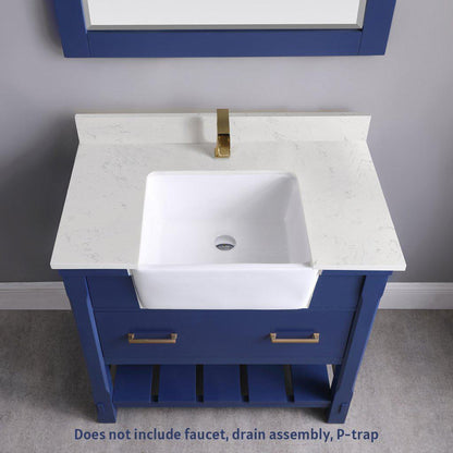 Altair Georgia 36" Single Jewelry Blue Freestanding Bathroom Vanity Set With Mirror, Aosta White Composite Stone Top, Rectangular Farmhouse Sink, Overflow, and Backsplash