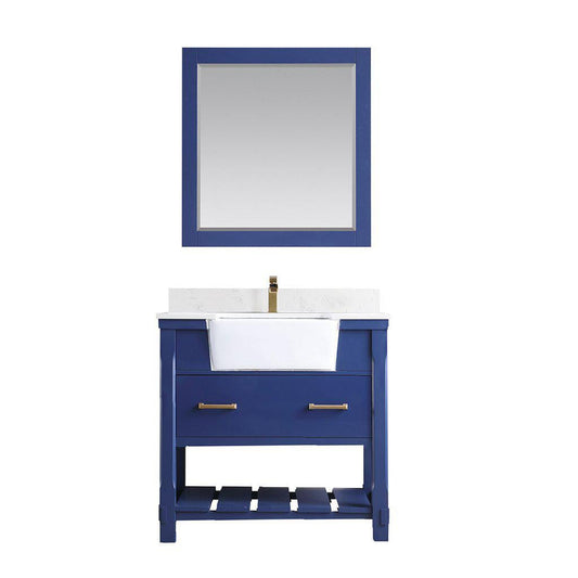 Altair Georgia 36" Single Jewelry Blue Freestanding Bathroom Vanity Set With Mirror, Aosta White Composite Stone Top, Rectangular Farmhouse Sink, Overflow, and Backsplash